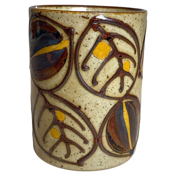 Vintage Stoneware Coffee Mugs Pair Hand Painted Leaf Design 1970s Retro Boho - Picture 5 of 6